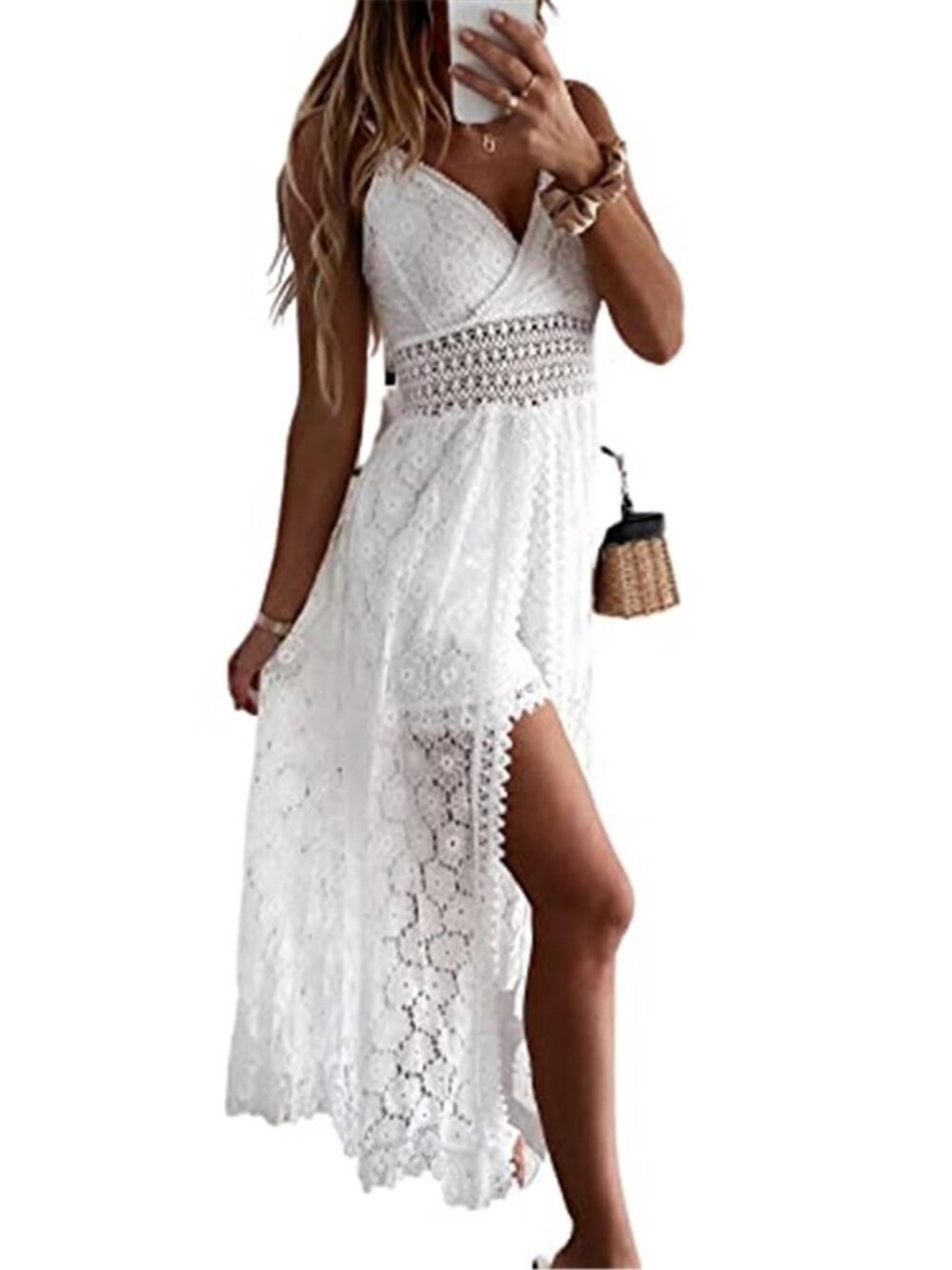 White Maxi Jumpsuit Romper V Neck Smocked Backless High Low Summer Beach Dress